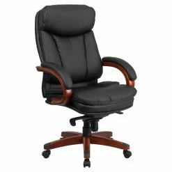 Best Sale 😍 Executive Chairs Flash Furniture High Back Leather Executive Swivel Office Chair With Synchro-Tilt Mechanism And Mahogany Wood Base 😀